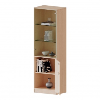 Schrank, 5 OH, Tür unten (2OH), oben 3 Vitrinentüren 1 Tür, abschließbar, links, B/H/T 60x190x40cm 